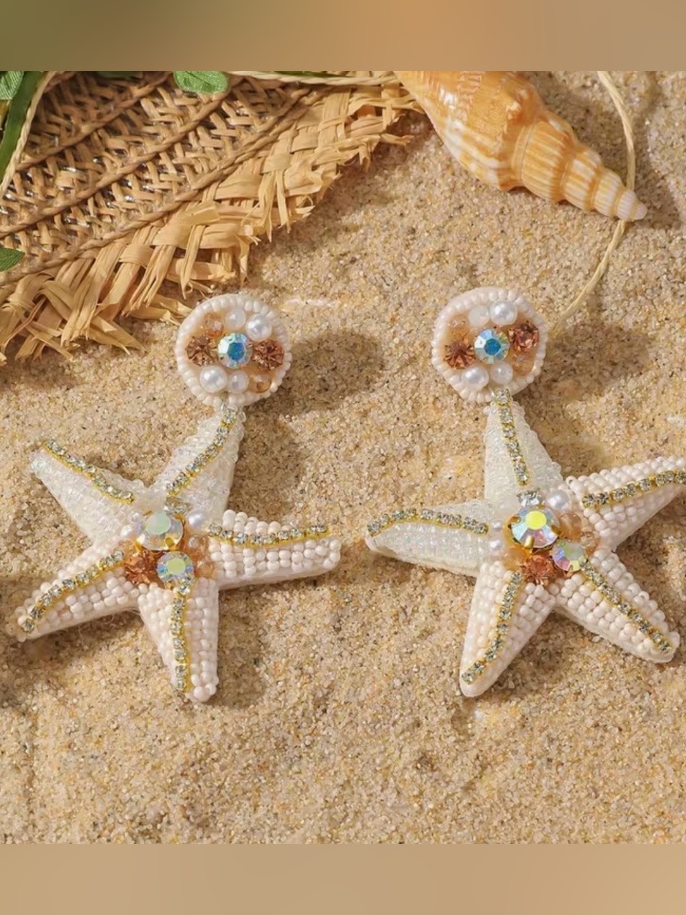 NWT Beaded Starfish Drop Earrings - Iridescent Pearl & Gold Accents